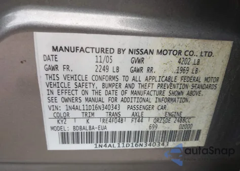2006 Nissan Altima 2.5 S z USA, uszkodzony, nr VIN 1N4AL11D16N340343
